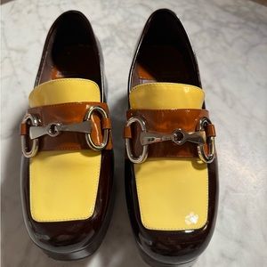 Jeffrey Campbell Yellow and Brown Patent Platform Bit Loafers